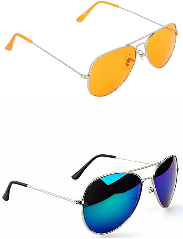 Mirrored, Gradient, UV Protection, Night Vision, Riding Glasses Aviator Sunglasses (Free Size)  (For Men & Women, Yellow, Blue)