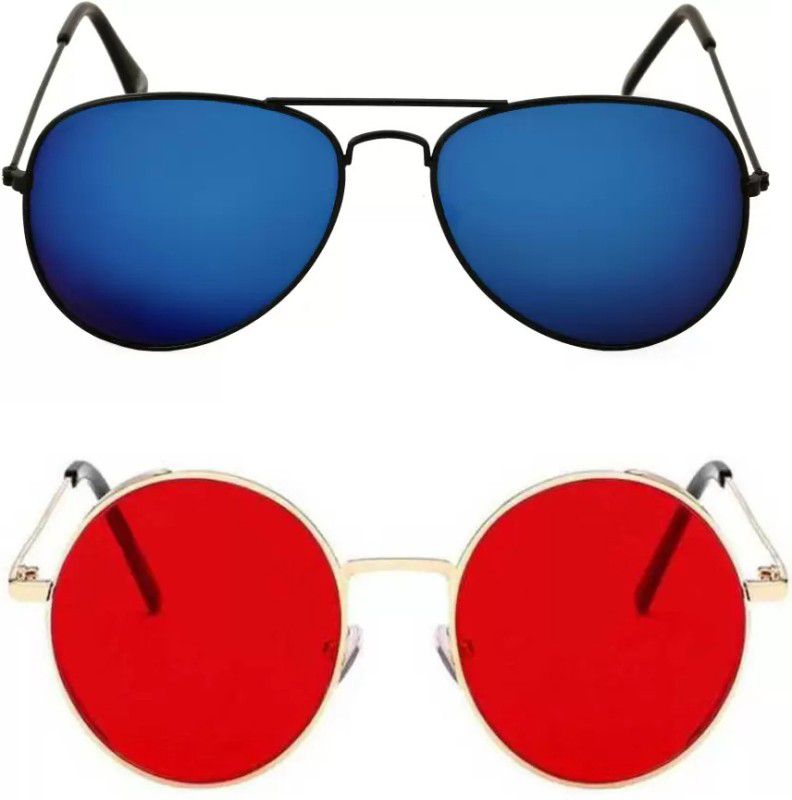 Round, Aviator Sunglasses  (For Men & Women, Blue, Red)
