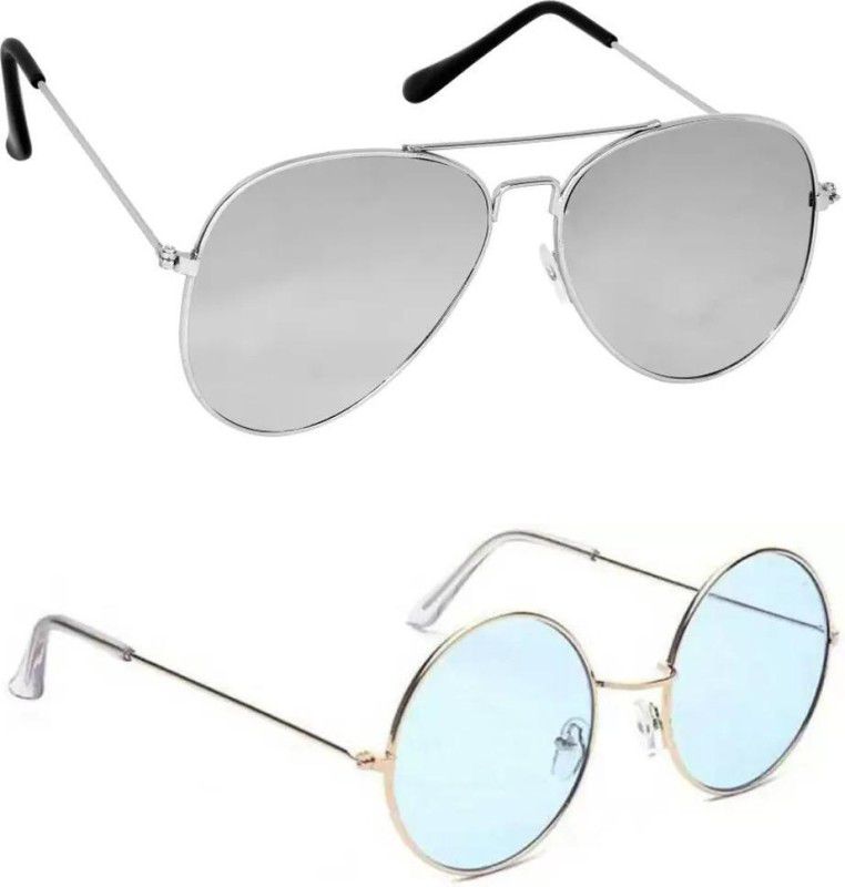 UV Protection Aviator, Round Sunglasses (Free Size)  (For Men & Women, Silver, Blue)
