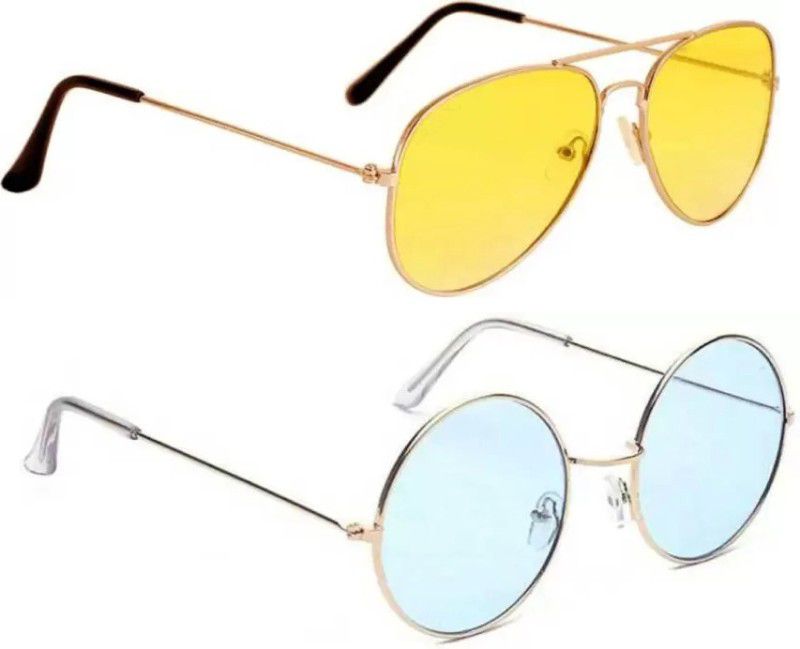 Round, Aviator Sunglasses  (For Men & Women, Yellow, Blue)