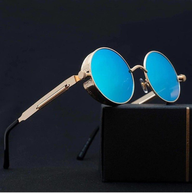 UV Protection, Toughened Glass Lens, Polarized Round, Wrap-around, Rectangular Sunglasses (Free Size)  (For Men & Women, Blue)