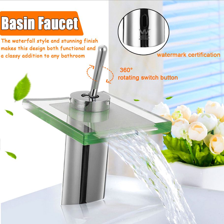 Glass Waterfall Bathroom Faucet Single Handle Hot Cold Mixer Water Tap Water Saving for Bathroom Basin Sink