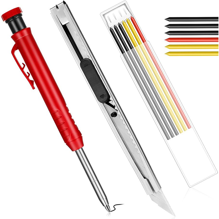 Solid Carpenter Pencils Set for with 6 Pieces Refills and Retractable Knife, Mechanical Pencils for Scriber Woodworking