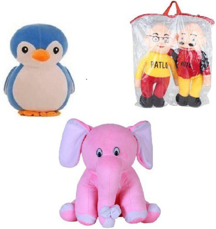 maurya teddy so loveable soft toys Penguin , Elephant and motu or patlu (30 cm ,multi color) - 30 cm  (Multicolor)