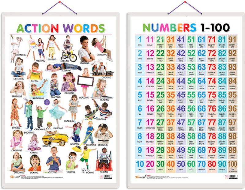GO WOO Pack of 2 Action Words and Numbers 1-100 Educational charts  (Blue)