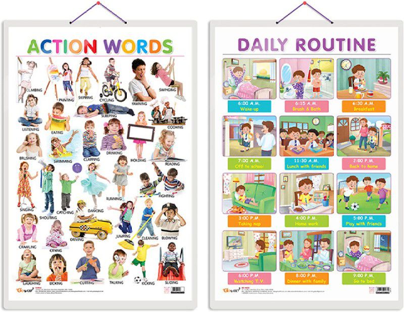 GO WOO Pack of 2 Action Words and DAILY ROUTINE Educational charts  (Pink)