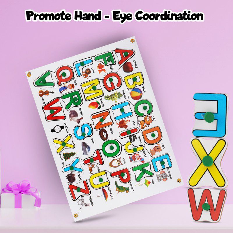 moreyaji Wooden Upper Case English Alphabet with Multi-Color Pictures Educational Puzzle Tray Board for Kids Age 3 Years and Above, Pre-School and kindergarten Children.  (26 Pieces)