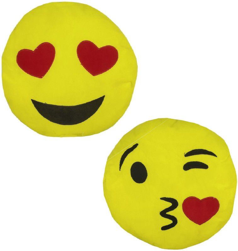 BIGWHEEL Pack of 2 (Size:29cm) Heart Eye & Wink Flying Kiss Smiley Emoji Cushion/Pillow - 29 cm  (Yellow)