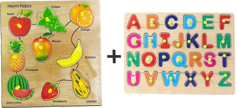 SAFESEED Learning Wooden Fruits Puzzle And Alphabet ABCD Set Puzzles Board for Kids  (Multicolor)
