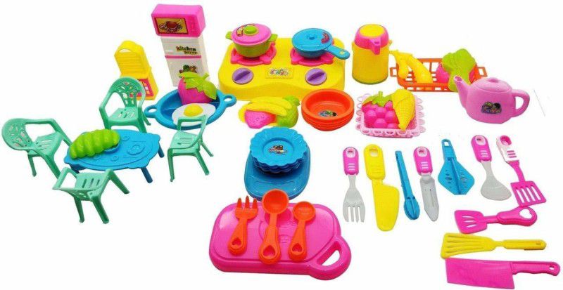 PEZYOX Chef Kitchen Pretend Play Set with All Cookware and Home Appliances Accessories for Girls (50 pcs)-Multi Color