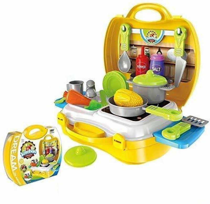 VRUX Kitchen Set Pretend Play Toys for Girls with Suitcase Carry Case, Yellow Color