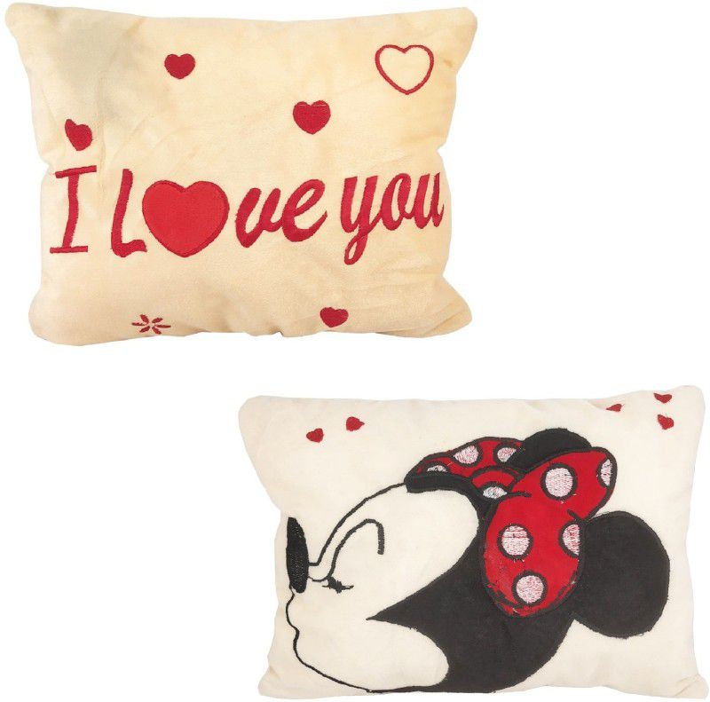 BIGWHEEL (Pack of 2) "I Love You" & "Minnie-Mouse" Embroidery Work Soft Cushion/Pillow - 23 cm  (Multicolor)
