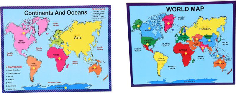 Ashmi Pine Wood Combo World Map & Continents and Oceans Map with Knobs Toddlers of Tray Jigsaw Puzzles Educational & Learning Aid for Boys and Girls, Kids And Home Decor Age 5+  (15 Pieces)