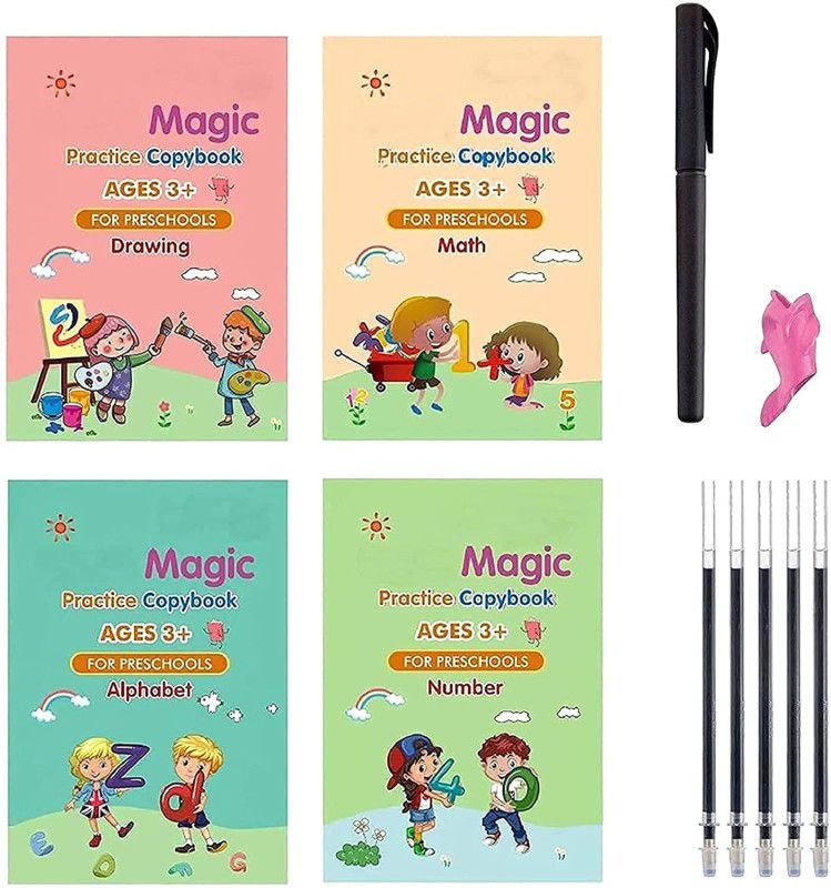 Tlismi Preschoolers Magic Practice Copybook Number Tracing Book Calligraphy Practical Reusable Patterns Numbers and Alphabet Writing Tool Simple Hand Lettering (4 Books 1 Pen 5 Refills Set)  (Multicolor)