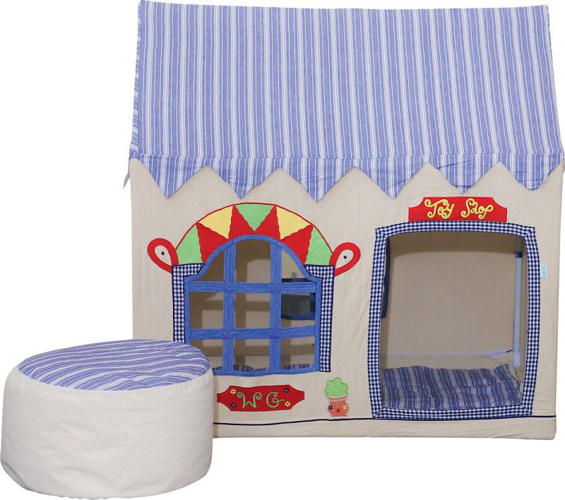 Second May Toy Shop Small Kids Tent House with Quilt and Bean Bag- Cream Blue  (Blue)