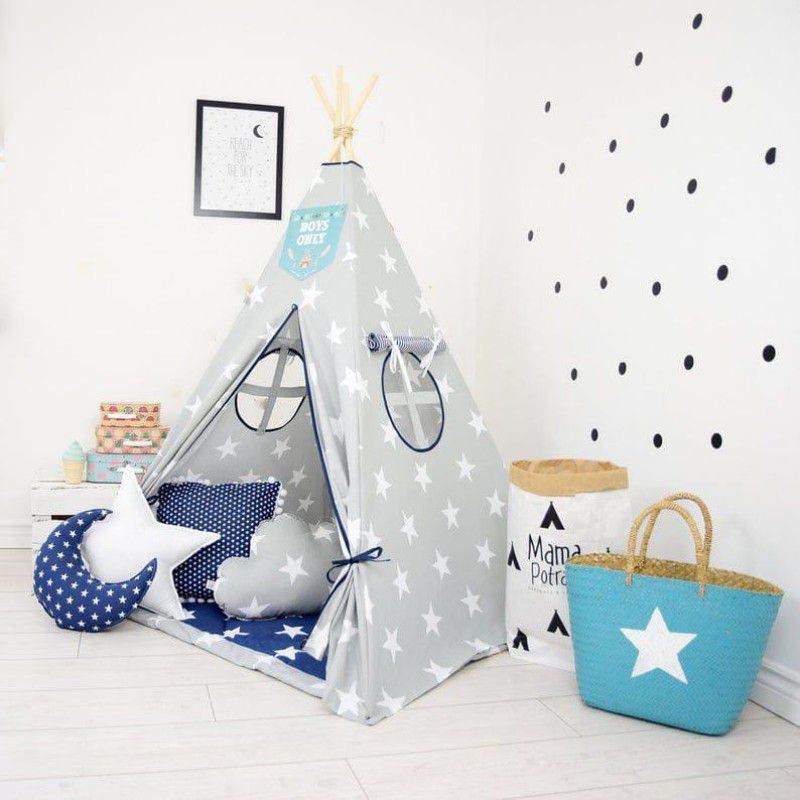 Nyra Decor Portable Teepee Tents with Padded Mat and Cushions Free Kit Bag Grey Blue  (Multicolor)