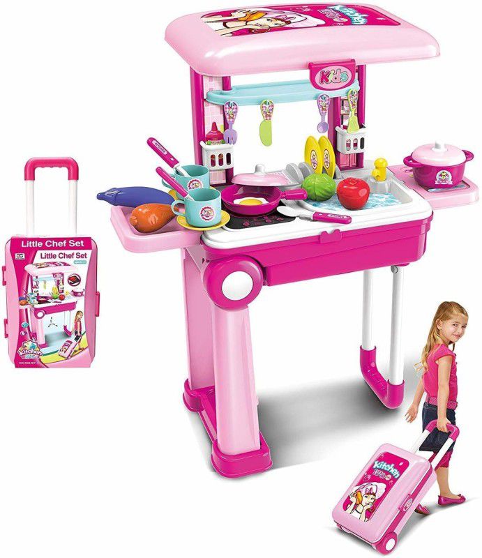 STYLO 2 in1 Little Chef Trolley Kitchen Play Toy Set for Girls with Music & Light for Kids