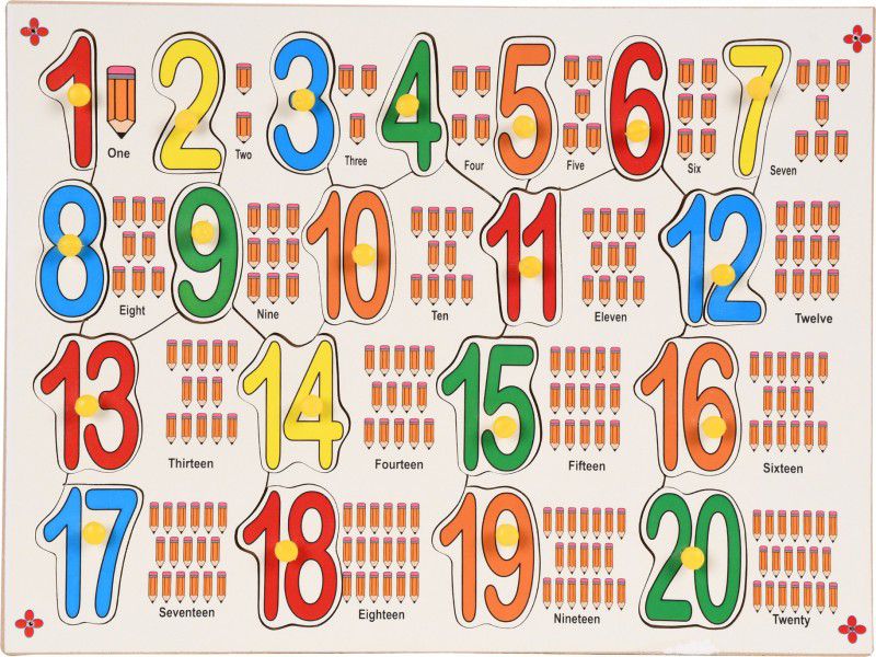 Ashmi Fine Quality Wooden Multicolor 1 to 20 Number with Picture and Knob for Learning & Educational Gift for Kids  (20 Pieces)
