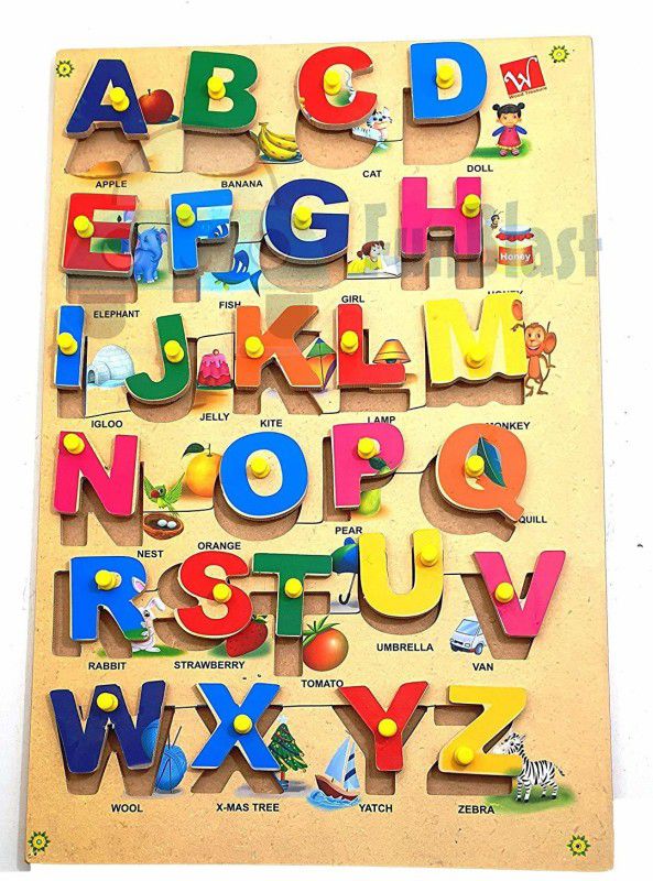 FunBlast Wooden Colorful Alphabet Jigsaw Puzzle Learning Educational Board for Kids with Knobs, Wooden Board Tray Learning Toy for Kids|Girls|Boys  (27 Pieces)