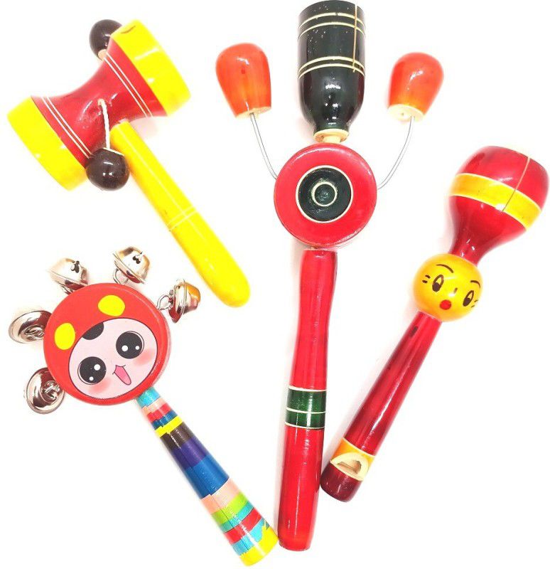 Toys Ka Story Wooden Eco Friendly classical Wooden Set of 4 Born baby Rattle  (Multicolor)