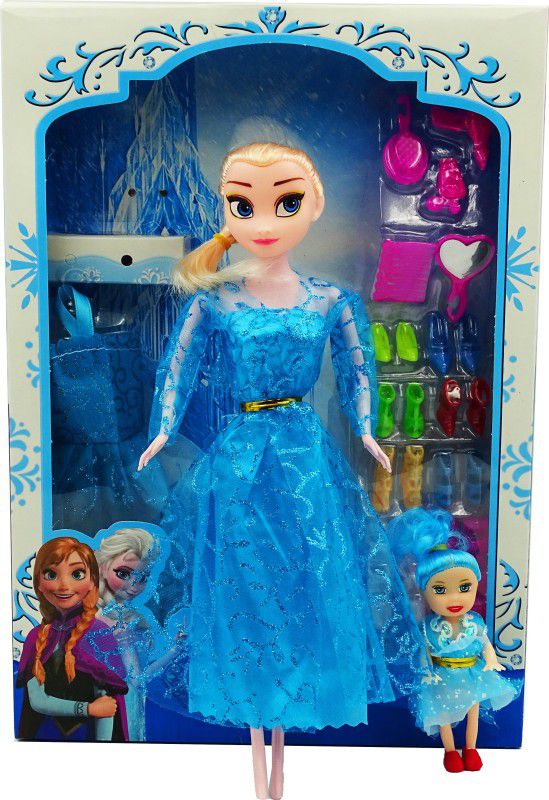 poksi Frozen Elsa Doll with mini doll, Dress, 8 pair of shoes and few makeup accessories.  (Blue)