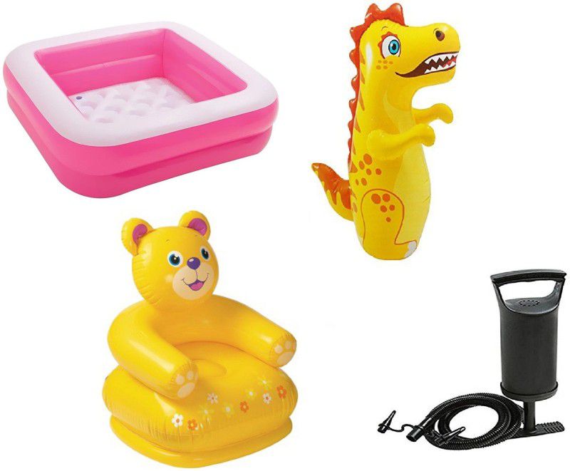 DINAARKAN COMBO OF 3 FEET BATH TUB CUM SQUARICAL PINK BOX POOL AND 3 FEET INFLATABLE HITME DRAGON AND 2.5 FEET TEDDY CHAIR WITH AIR PUMP Inflatable Swimming Pool  (Multicolor)