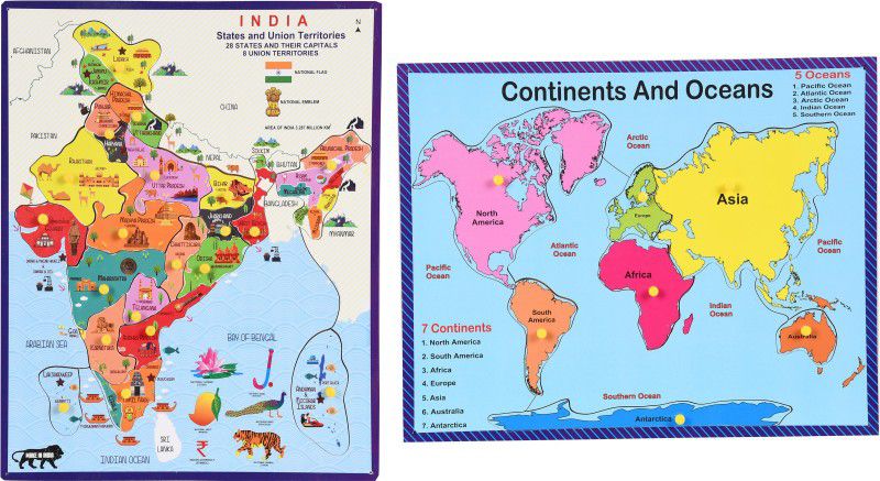 Ashmi PineWood Combo Map of India Wtih Geographical & Continents and Oceans Map with Knobs Toddlers of Tray Jigsaw Puzzles Educational & Learning Aid for Boys and Girls, Kids And Home Decor Age 5+  (27 Pieces)