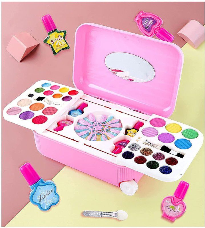 Kiddie Castle 2 in 1 Cosmetic and Real Makeup Palette with Mirror kit with Trolley