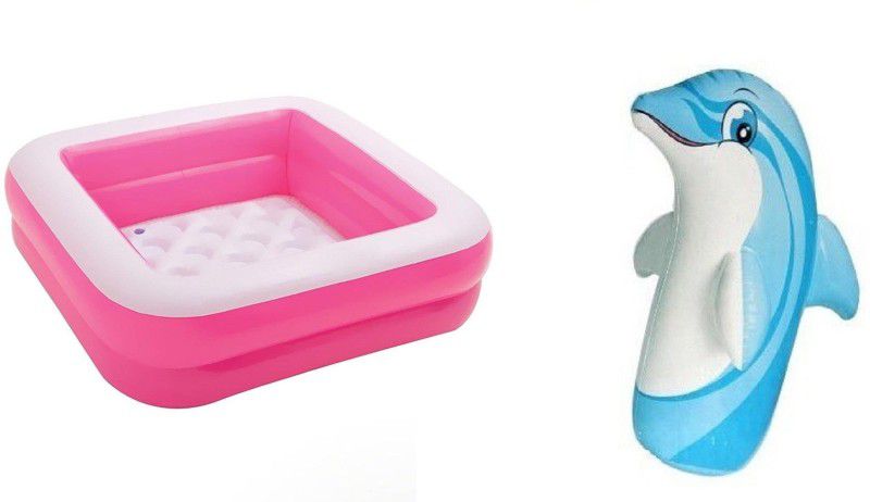 DINAARKAN COMBO OF 3 FEET BATH TUB CUM SQUARICAL PINK BOX POOL AND 3 FEET INFLATABLE HIT ME DOLPHIN Inflatable Swimming Pool  (Multicolor)