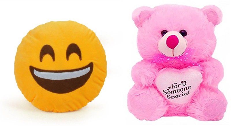 Agnolia stuffed Smiley cushion 35cm-Laughing Smiley with Pink Teddy - 10 inch  (Multicolor)
