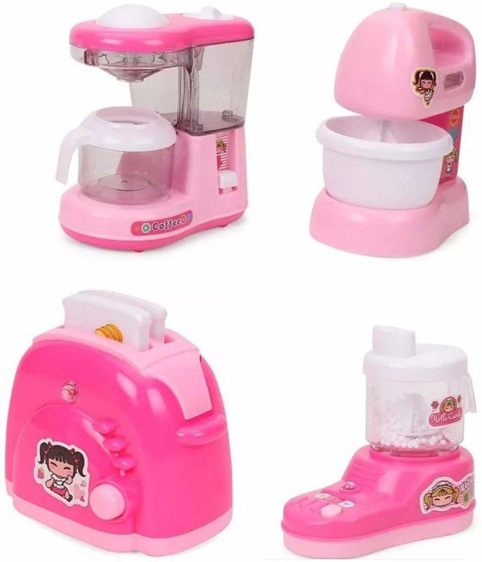 Goodluck Battery Operated Pink Household Kitchen Set | Home Appliances Play Sets pack of 4 | Coffee Machine, Blender, Mixer and Toaster with Light and Sound | Best Household Set Toy For Kids And Girls