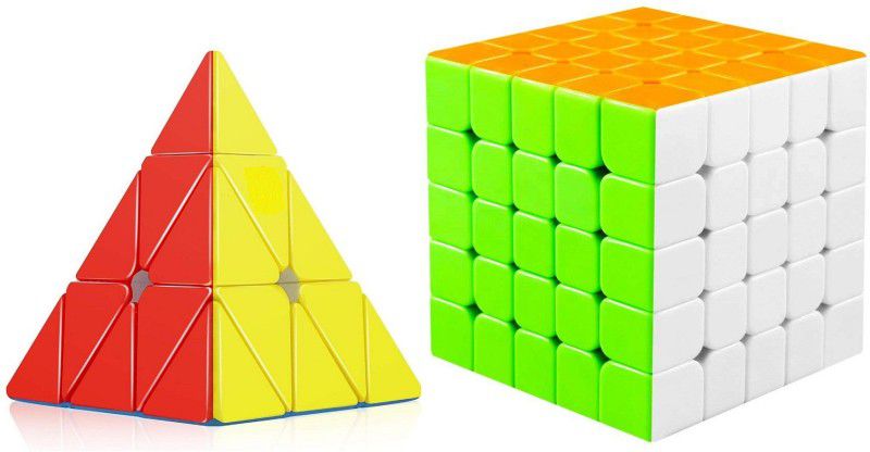AZEENA Combo Of High Speed Stickerless 5x5 And Triangular Pyraminx Pyramid Cube For Kids & Adults | Puzzle Games | Best Gift For Kid | Multi Color Sticker Less, Smart Cubes | Super Saver Combo Pack | Set Of 2  (2 Pieces)