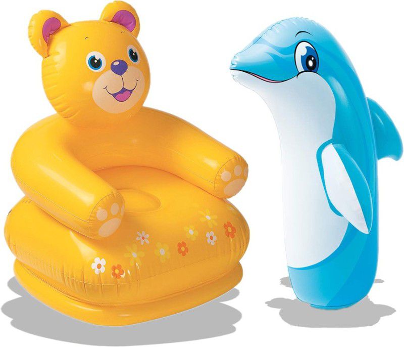 Toyland Combo Happy Animal Teddy Sofa/ Chair (Blue) & Dolphin Shape 3-D Punching Hit Me Bag, Multi Color Inflatable Sofa/ Chair  (Multicolor)