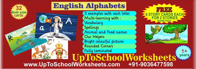 UpToSchoolWorksheets English Alphabet Flash Cards - Small & Capital Letters - Five Pictures - Letter friends for Vocabulary Spellings & Letters  (Multicolor)