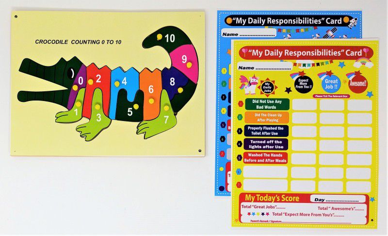 A And A Kreative Wooden Puzzle - Counting Croco With 2 Responsibility Cards  (Multicolor)