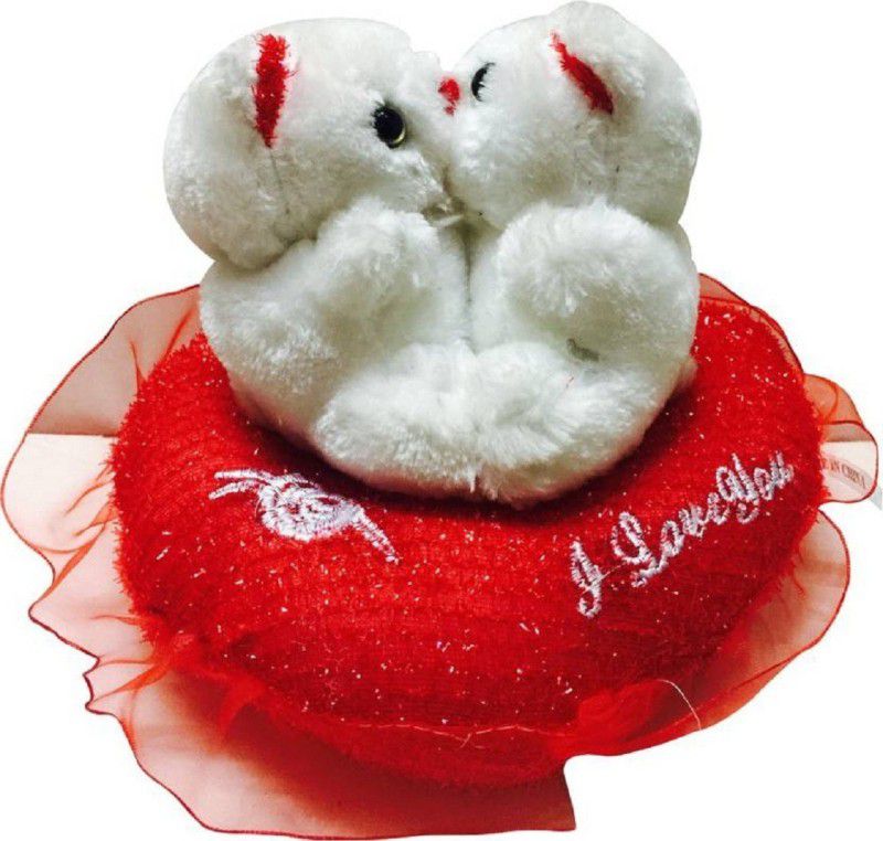 DINAARKAN VALENTINE SPECIAL WHITE TEDDY BEAR PAIR ON HEART SHAPED SOFT TOY WITH SOUND 25 cm - 17 cm  (Red, White)