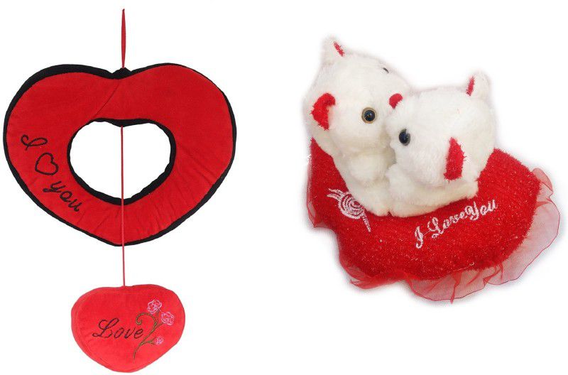 DINAARKAN VALENTINE SPECIAL COMBO OF WHITE TEDDY BEAR PAIR ON HEART TOY WITH SOUND 30 cm AND HANGING HEART SOFT TOY WITH SOUND 30 cm - 30 cm  (Red, White)
