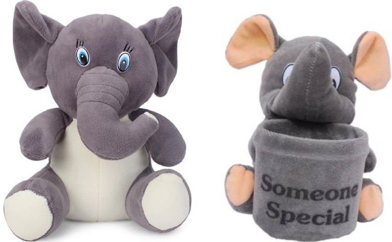 P I SOFT TOYS cute stuffed toy sitting elephant & elephant pen stand kids special combo - 35 cm  (Grey)