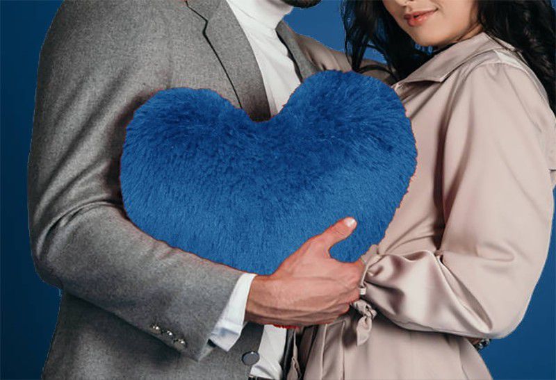 PICKKART Double-Sided Faux Fur Throw Pillow Cushion - Soft Soild Decorative Heart Shape Pillow for Sofa/ Bedroom/ Car - 37 cm  (Blue)