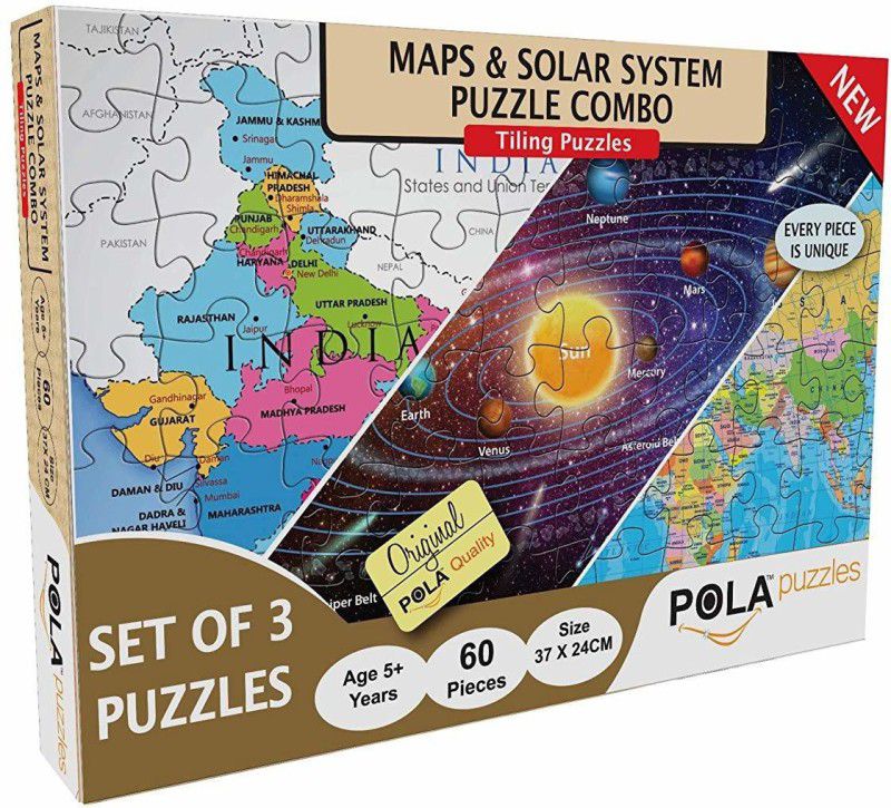 Pola Puzzles Maps & Solar System Puzzle Combo 3 in 1 Gift Pack 60 Pieces Tiling Puzzles (Jigsaw Puzzles, Puzzles for Kids, Floor Puzzles), Puzzles for Kids Age 5 Years and Above. Size: 37 cm X 24 cm  (60 Pieces)