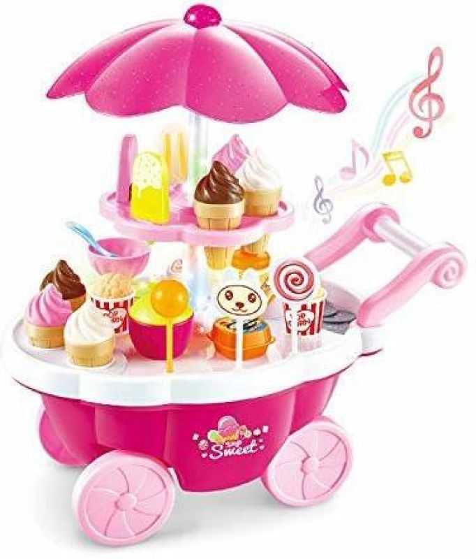 KGINT Luxury Sweet Shopping Battery Operated 39 Pcs Ice Cream Trolley Pretend Roll Plastic Play Set (39 Pcs)