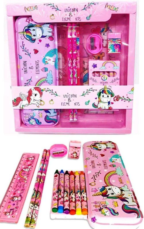 KAWASONY Unicorn Pencil Box Cryon Kit Set for kids  (Pink)