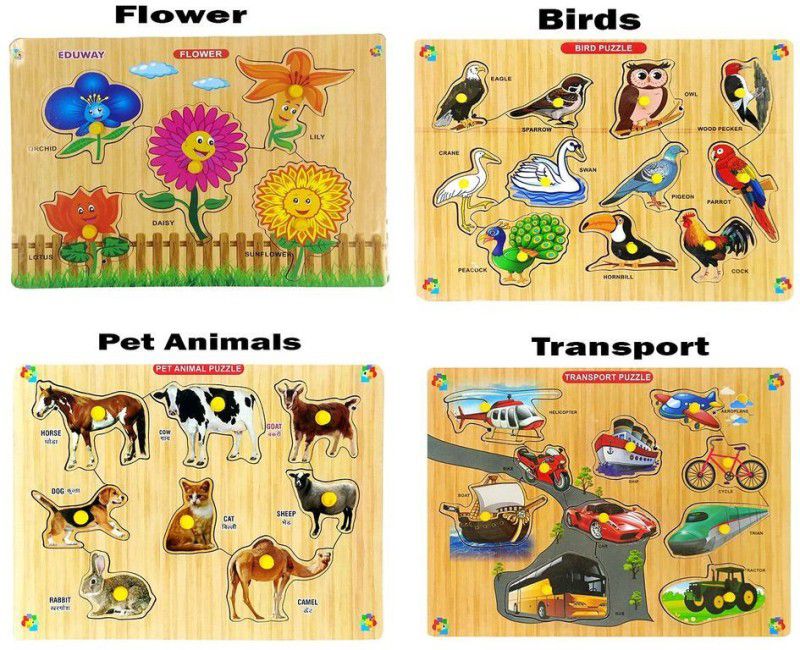 Eduway Educational Wooden Puzzle Combo Pack(Pet Animal,Transport,Bird,Flower)-Pack of 4  (32 Pieces)