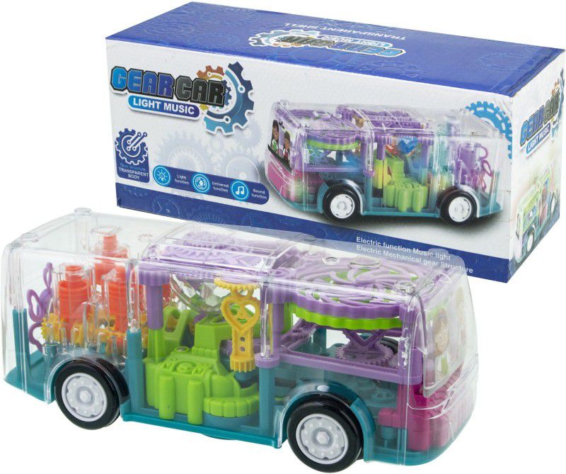 ToySurf ®Transparent Gear Simulation Transparent Bus Toy With Sound & Light (Age 3+)  (Multicolor)