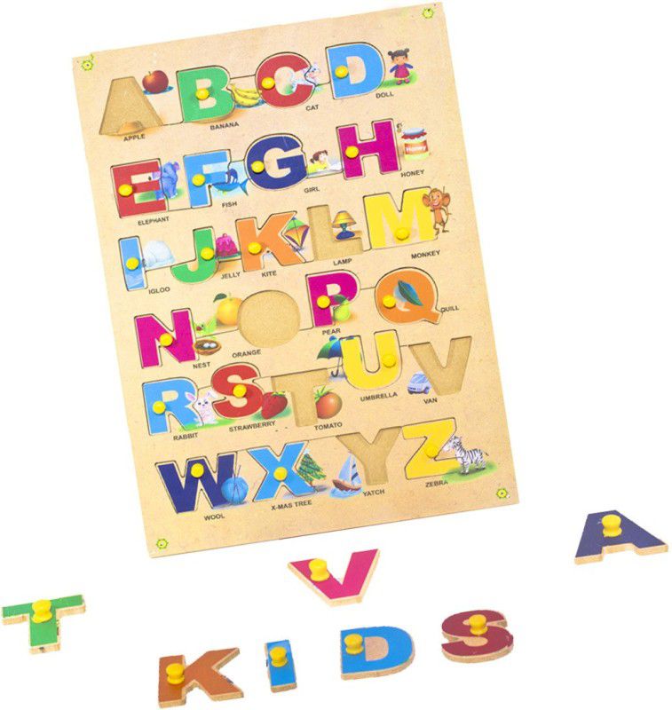 Toyvala Premium Wooden Jigsaw Puzzle Board for Kids - Alphabet (A to Z) Capital/Uppercase Letter with Pics - Learning & Educational Gift for Kids  (26 Pieces)