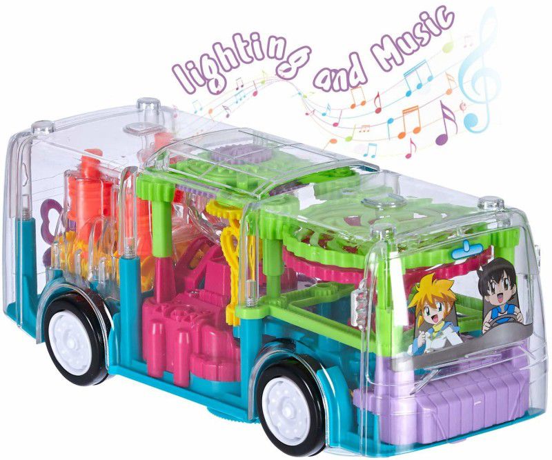 Toyvala Multifunctional Gear Light Bus Toy with Mechanical Gears Simulation,Transparent Body,3D Lights,Different Types of Music, Horn &Engine Starting Sound,360-degree Rotation for +3 Years  (Multicolor)