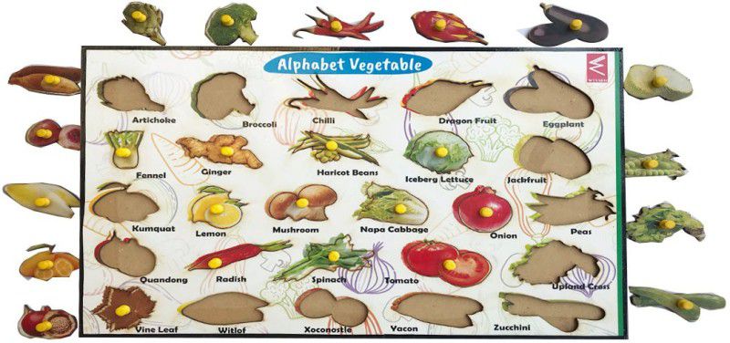 WISSEN Wooden Vegetables from A-Z Educational Knob Tray-12*18 inch  (26 Pieces)