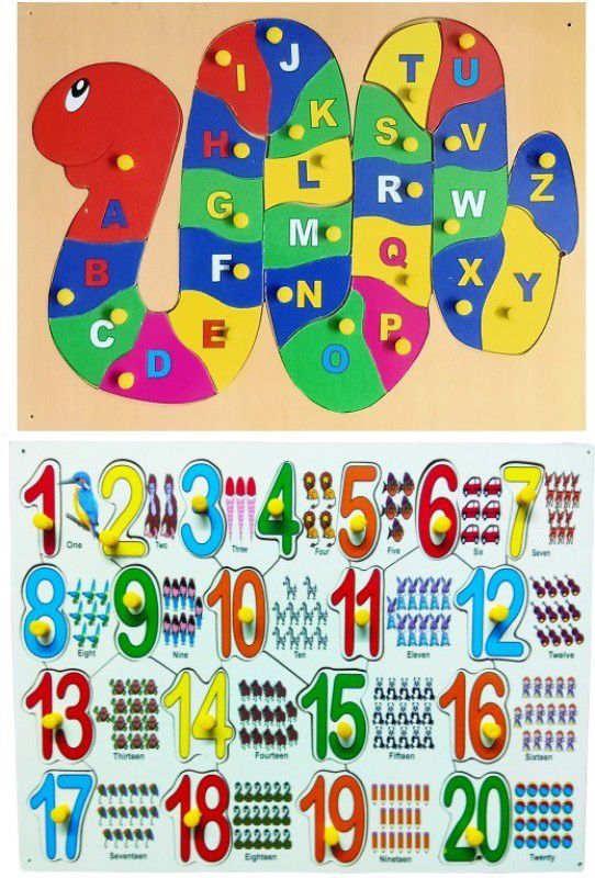 Ashmi Wooden Super Combo Capital Alphabet Snake shape And Nuber 1 to 20 pictures With Knobs Puzzle For Kids Educational Games  (46 Pieces)