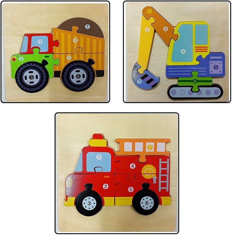 NONU 3D Wooden Vehicles Jigsaw Puzzle Pre Education Alphabet & Number Learning Toy  (3 Pieces)