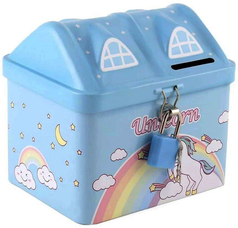 GAMLOID TOP SELLING Unicorn Printed Hut House Shape Metal Piggy Bank & Lock, Keys Coin Safe, Storage Money Box, Coin Bank, for Kids Girls, Perfect Return Birthday | X-Mas | Special Occasion Gifts